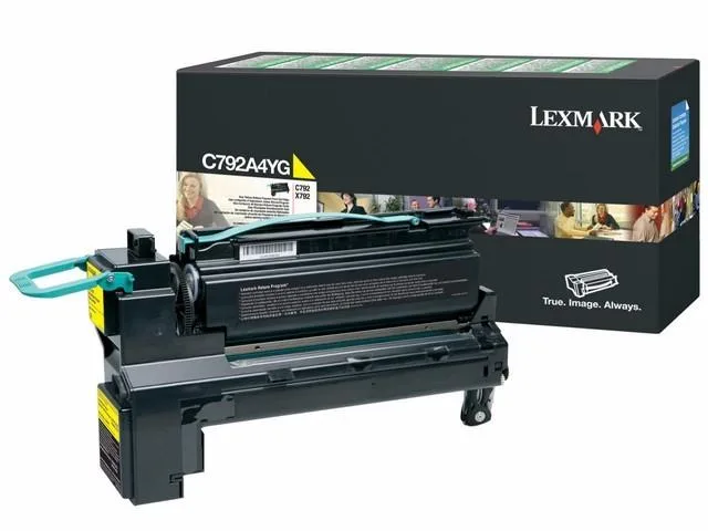 Yellow Lexmark toner cartridge C792A4YG in rectangular box