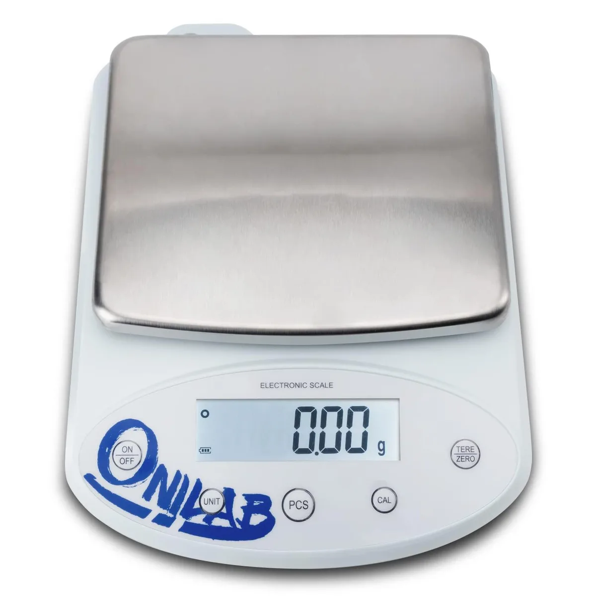 Silver rectangular analytical balance with stainless steel pan and LCD display