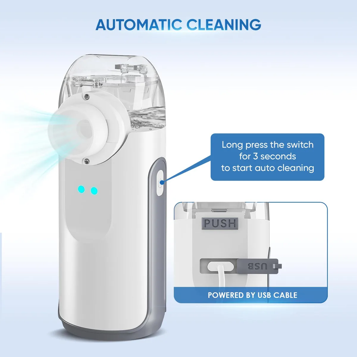 Small white handheld humidifier with 10mL tank USB-C port and two masks