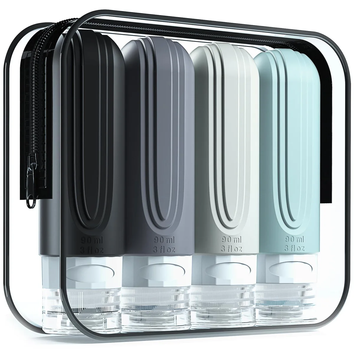 Four soft silicone travel bottles with flip caps and wide openings, light grey matte finish