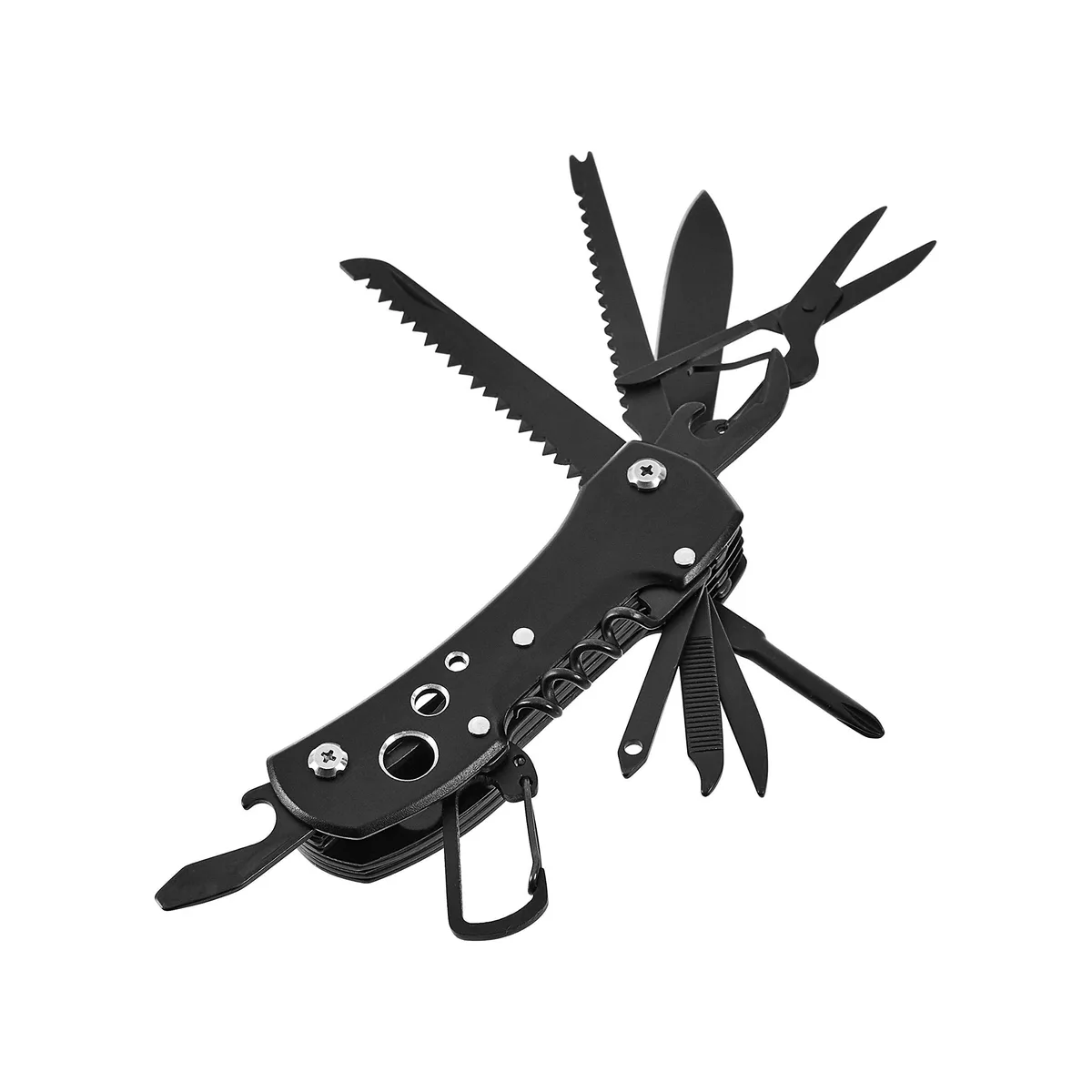 Three blue stainless-steel multitools folded in nylon sheaths