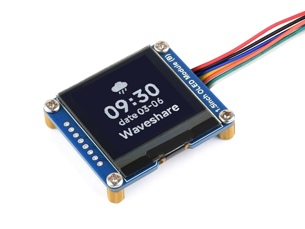 Small square 1.5 inch OLED module with ultra-narrow bezel, black and white display, gold pins visible