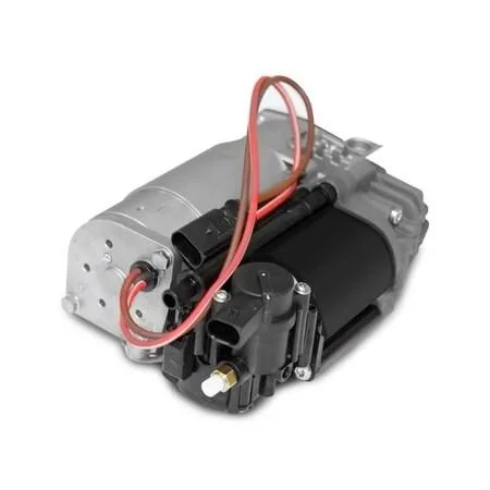Silver cylindrical air suspension compressor with electrical connector and mounting bracket