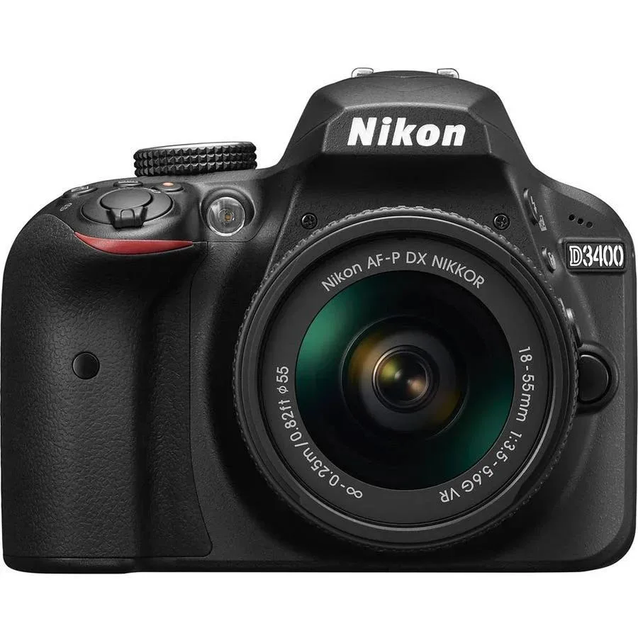 Nikon Inc Nikon D3400 with AF-P DX NIKKOR 18-55mm f/3.5-5.6G VR (Black) camera lens — product photo