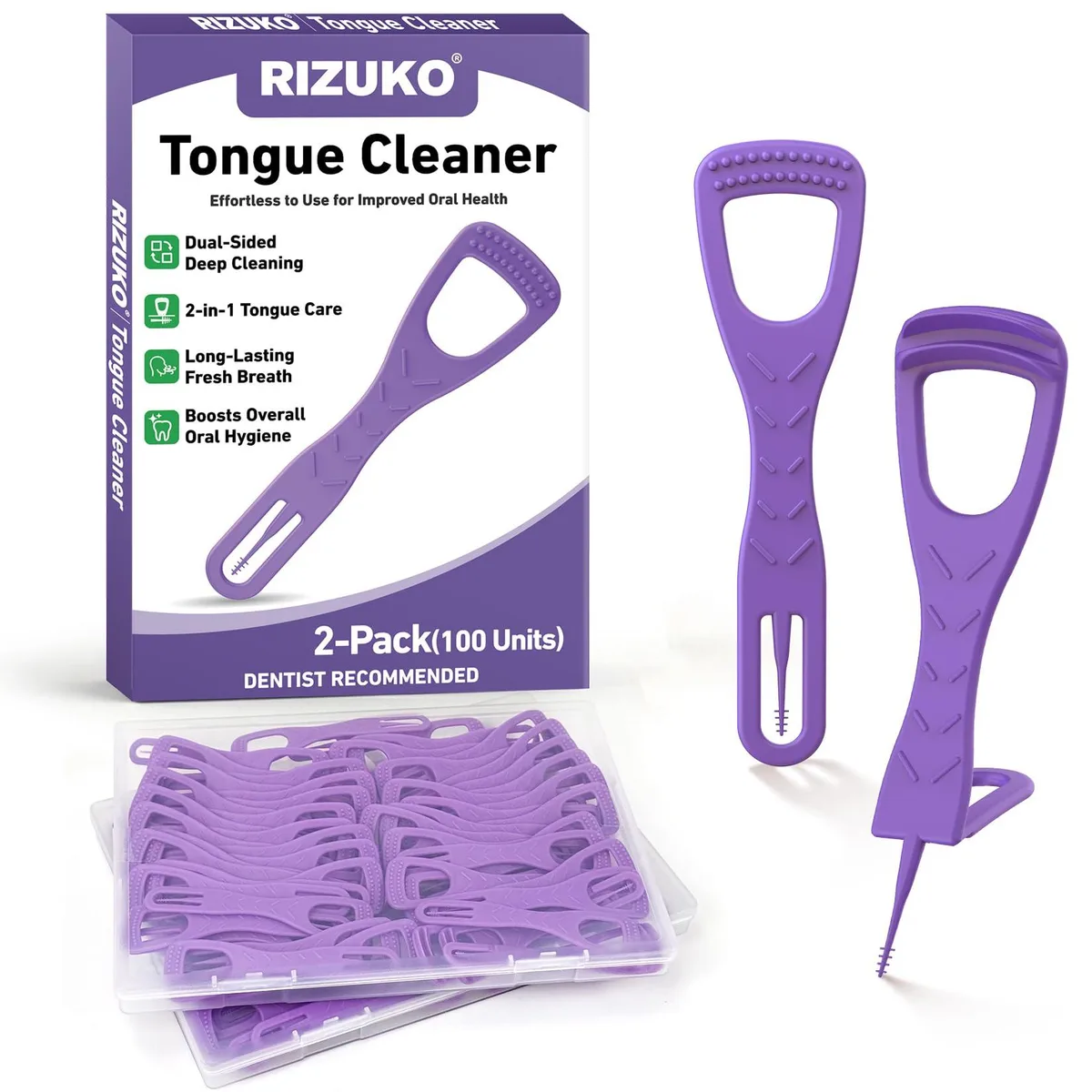 Pack of 100 purple disposable dual-sided tongue cleaners with fold-back toothpicks