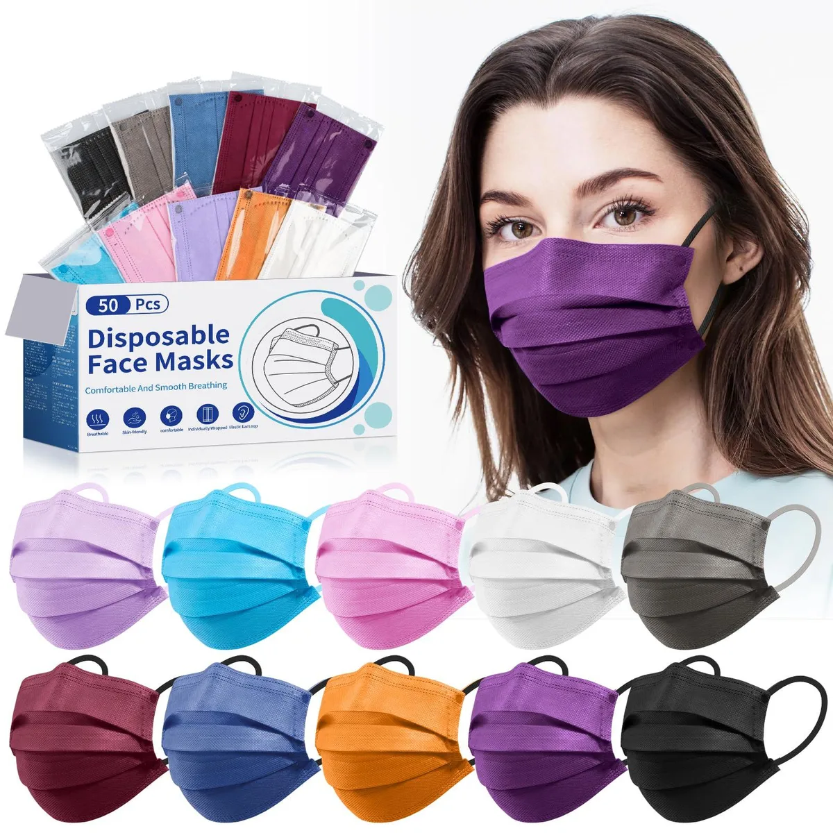 Box of 50 individually wrapped face masks in ten colours