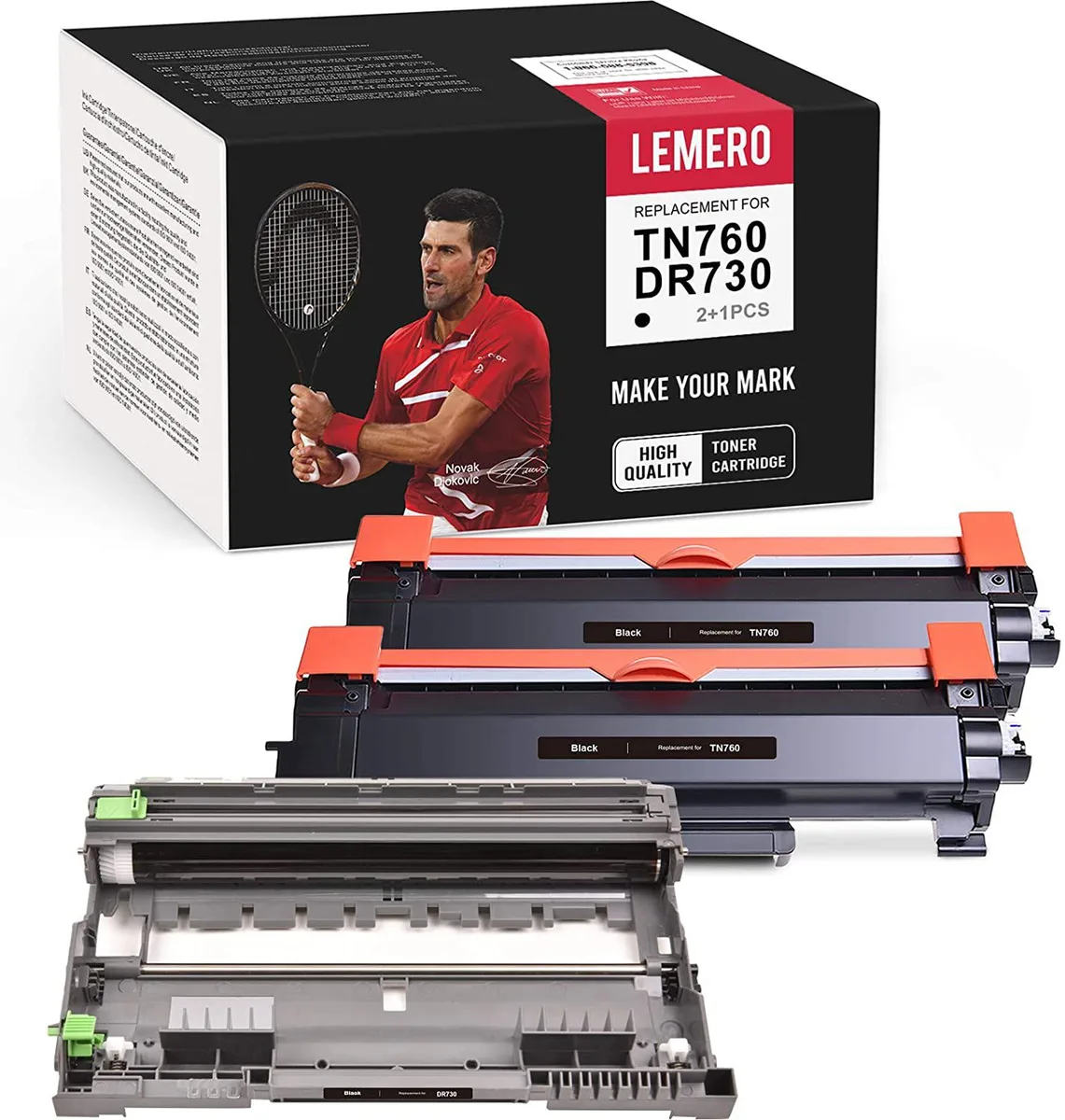 Boxed set of two black toner cartridges and one drum unit