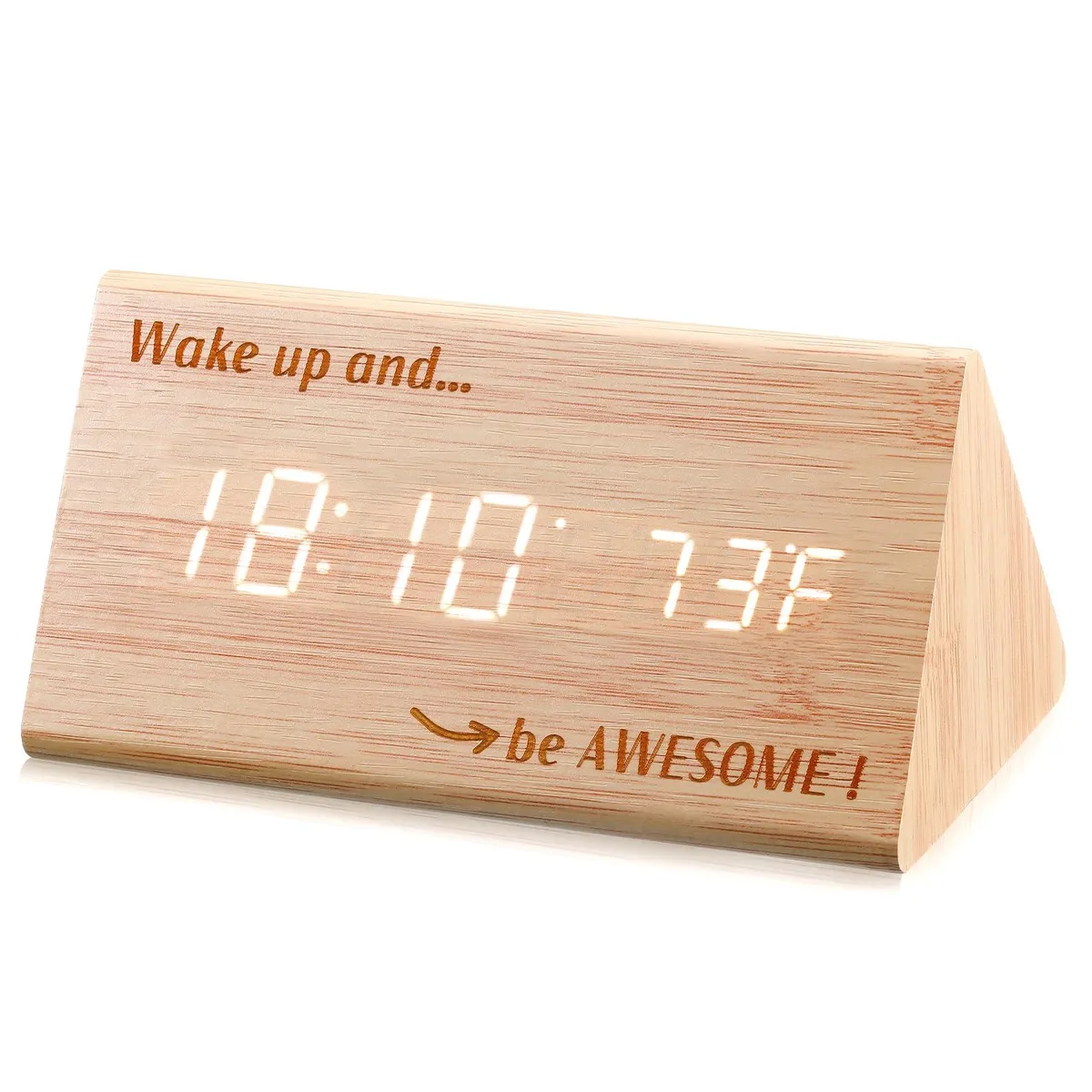 Wooden digital alarm clock, triangular prism shape, wood-texture finish, LED display visible