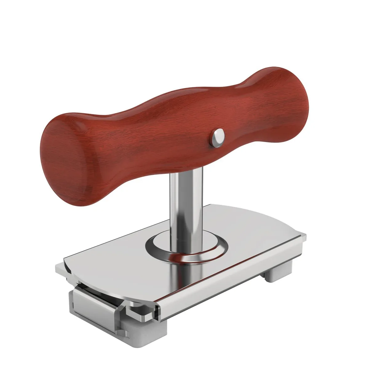 Adjustable metal jar opener with wooden handle and rubber grip jaws