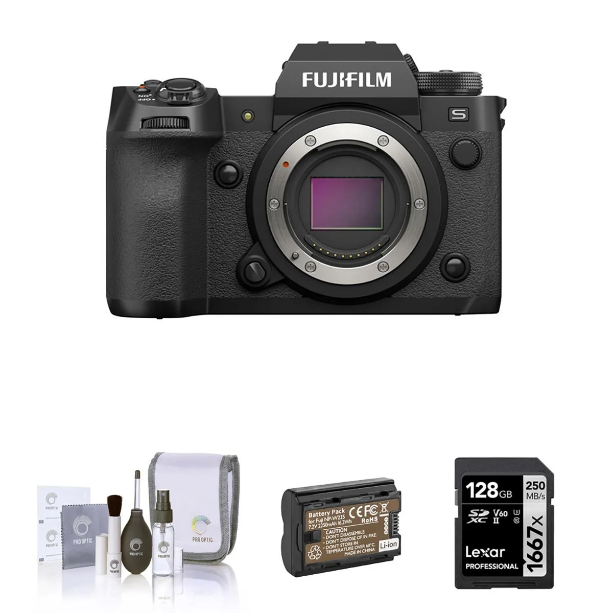 FUJIFILM FUJIFILM X-H2S compact mirrorless camera body black bundle 128GB SD card extra battery cleaning kit — product photo