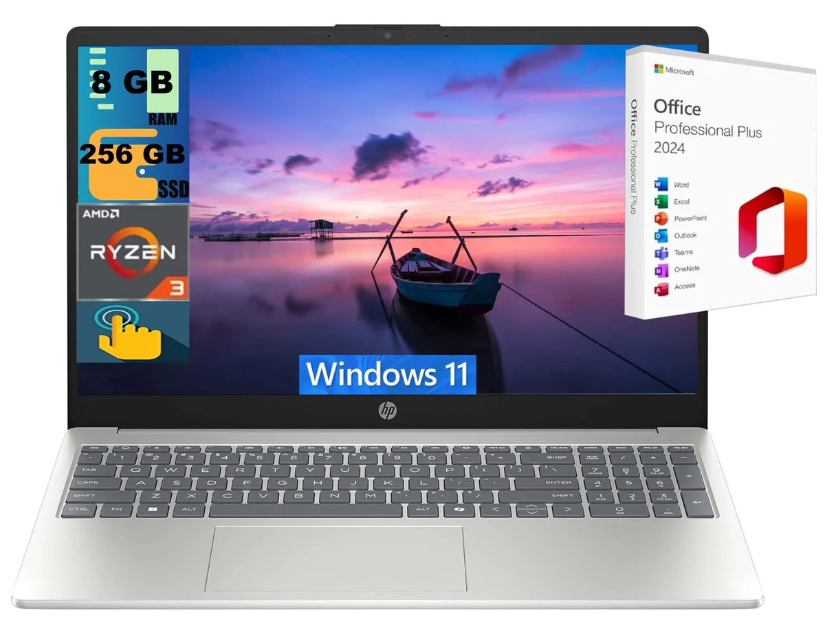 HP HP 15 laptop AMD Ryzen 3 7320U 8GB 256GB SSD 15.6" HD touchscreen Windows 11 Home Office 2024 Silver — product photo