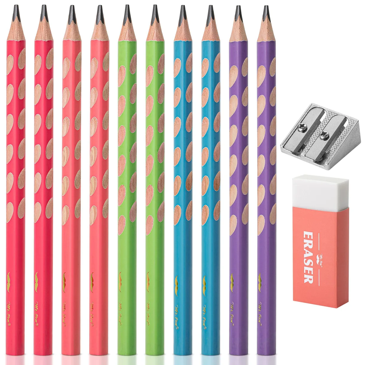 Ten thick wood-cased graphite pencils in a box with a metal sharpener