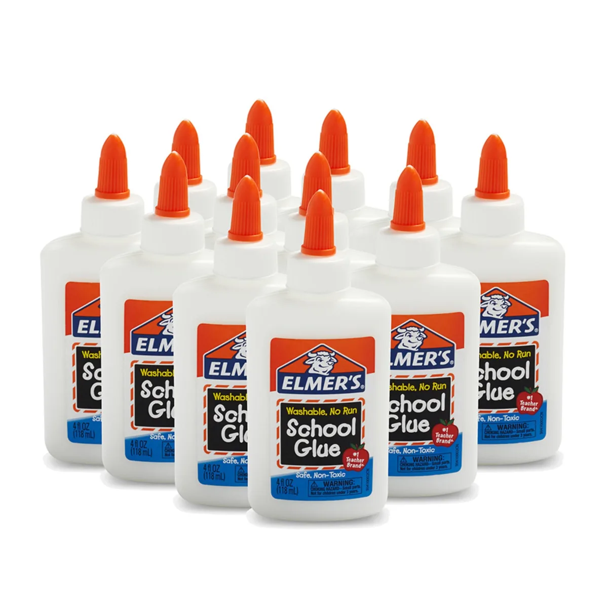 Twelve white 4 oz glue bottles in a pack