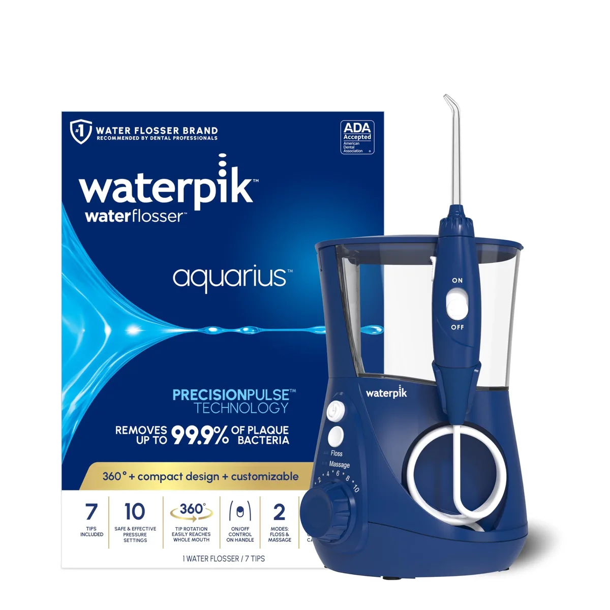 White countertop water flosser with large reservoir, wand and tip storage