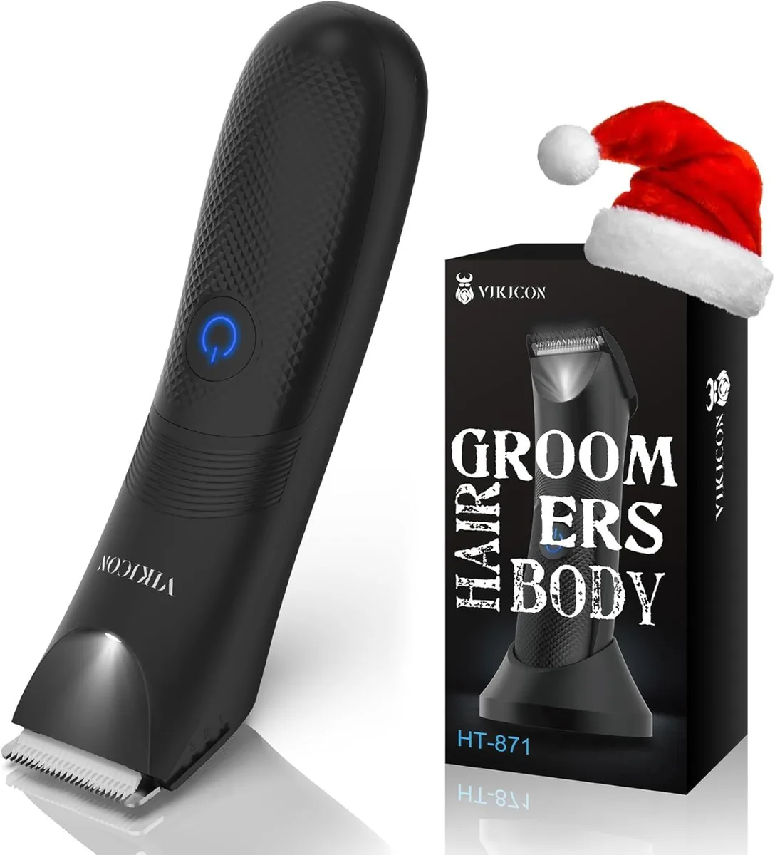 Compact grey body groomer with LED light and ceramic blade, three guard combs attached