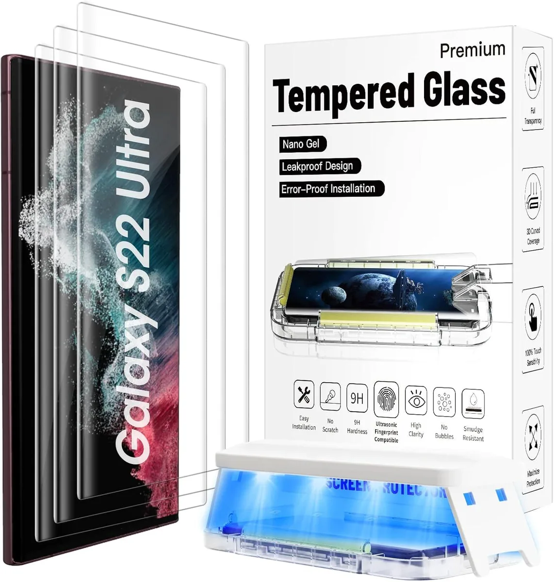 Three clear tempered glass screen protectors with alignment frame for Galaxy S22 Ultra