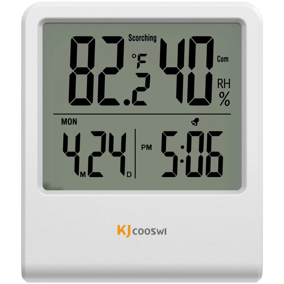 White rectangular indoor thermometer hygrometer with 3.15 inch LCD screen showing temperature humidity time date foldable stand