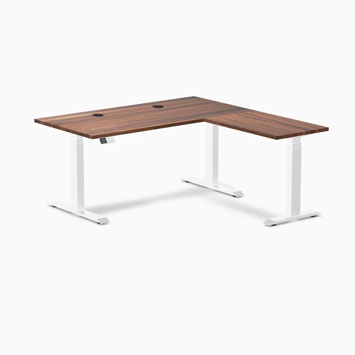 Desky Desky Hardwood L-Shape Sit Stand Desk Walnut White 60 x 30 x 62 x 20 in Grommets — product photo