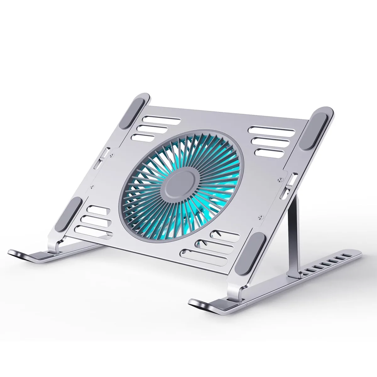 Silver laptop cooling pad with three 140 mm fans, foldable aluminum frame, adjustable height settings, non-slip surface