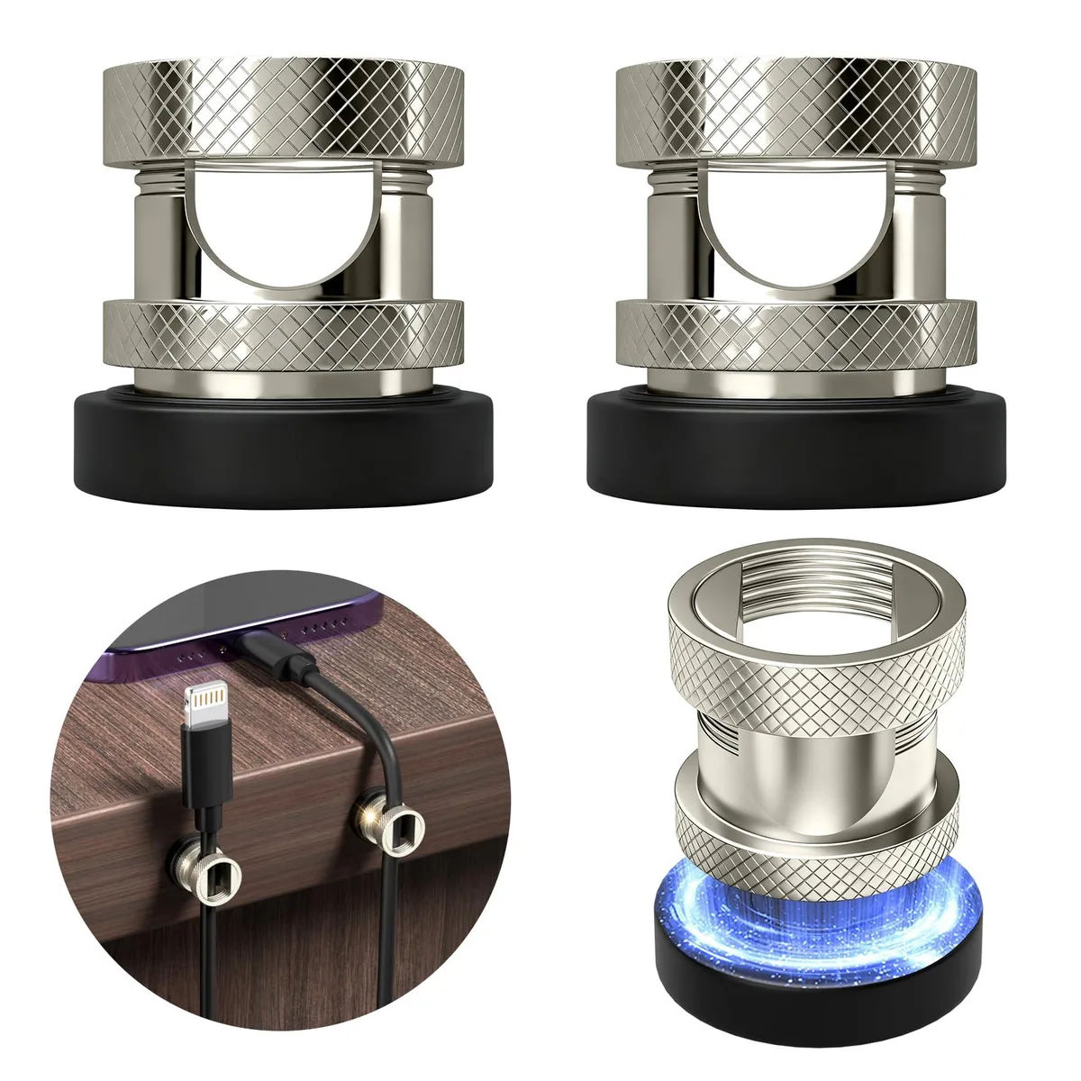 Four stainless steel magnetic cable clips with silver threaded finish and adhesive silicone discs