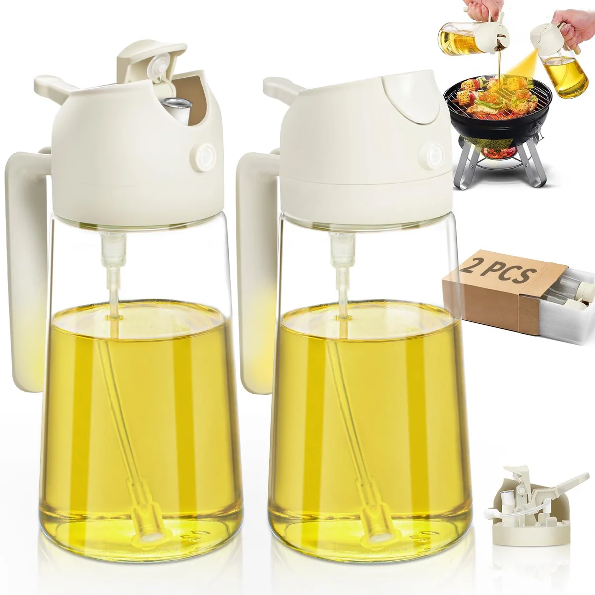 Two white glass oil spray bottles with dual spray and pour nozzles, 16oz each