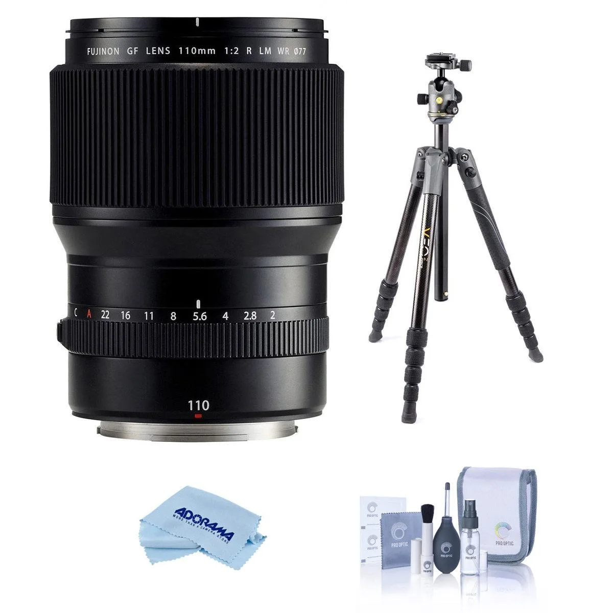 FUJIFILM FUJIFILM GF 110mm f/2 R LM WR Lens Bundle with Vanguard VEO 3 GO 235AB Tripod and Cleaning Kit — product photo
