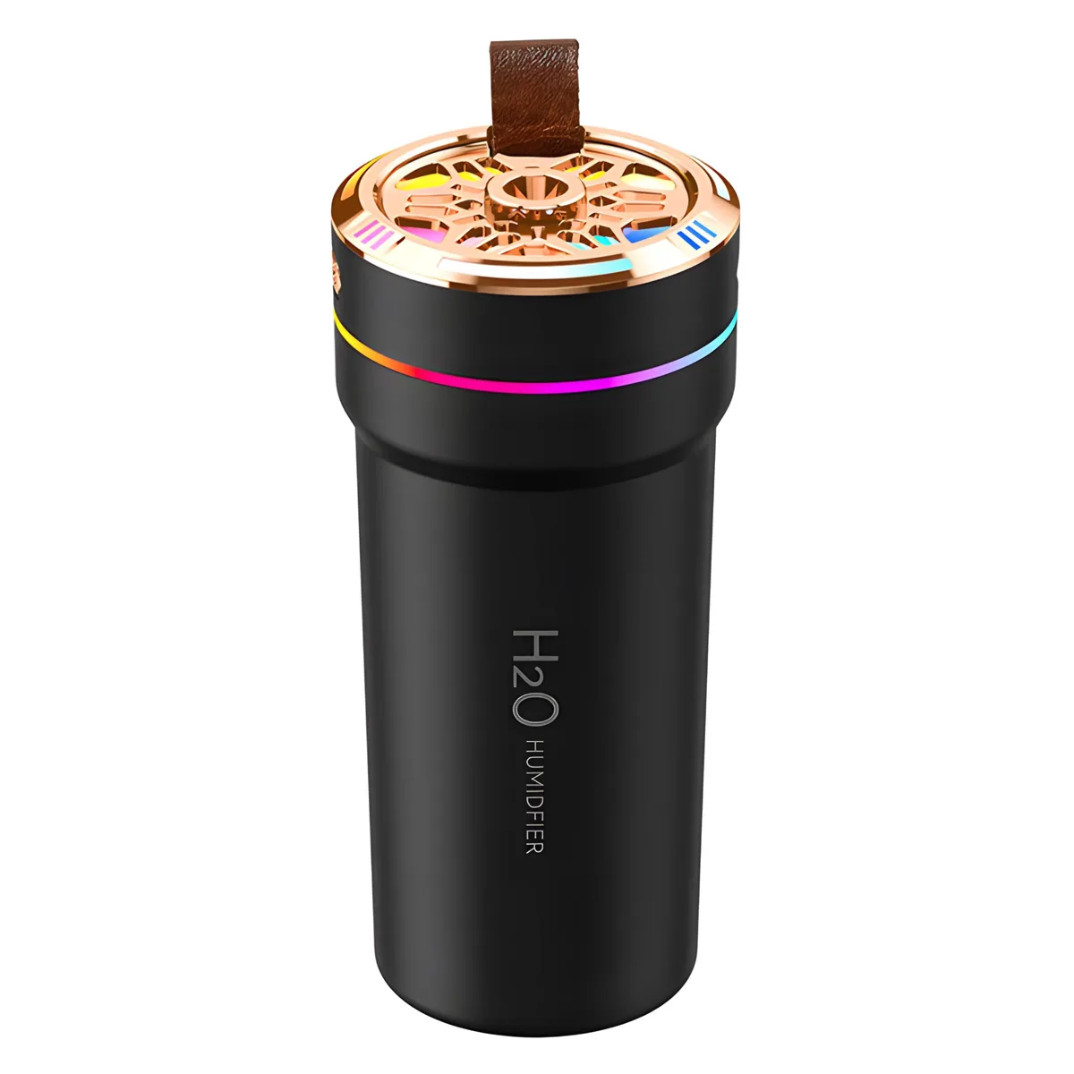 Black cylindrical USB humidifier with LED lights, cup-holder size, 300mL tank