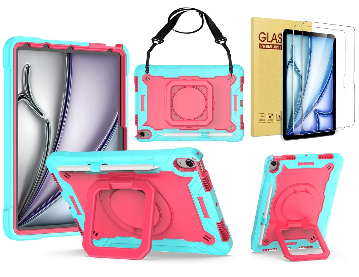 anicestore anicestore A3266 case iPad Air 11" M3/M2 360° ring stand shoulder strap 2× tempered glass teal pink — product photo