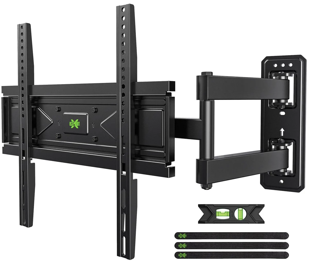 Black steel TV wall mount with single articulating arm extended from wall plate