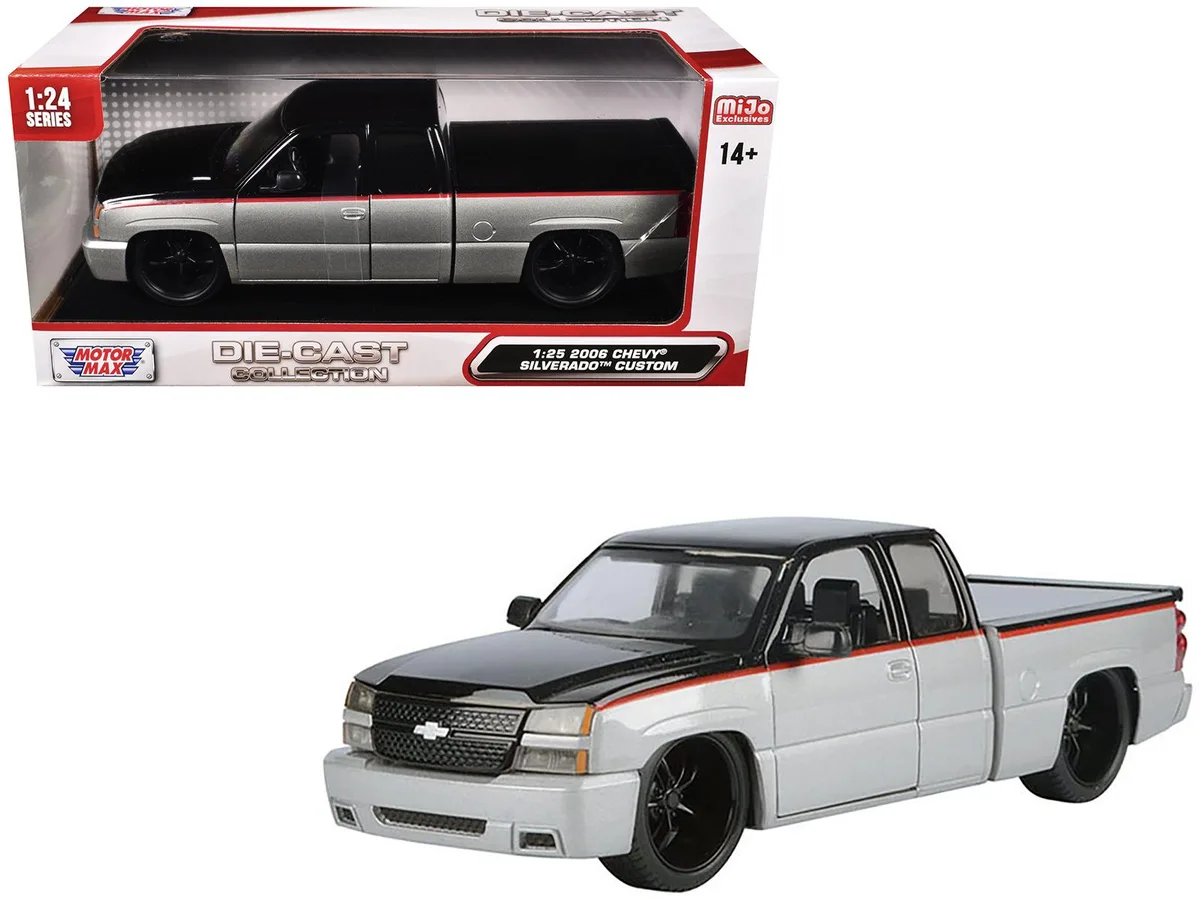 MOTORMAX MOTORMAX 2006 Chevrolet Silverado Custom 1/25 Diecast Truck Silver Metallic Black Red Stripes — product photo