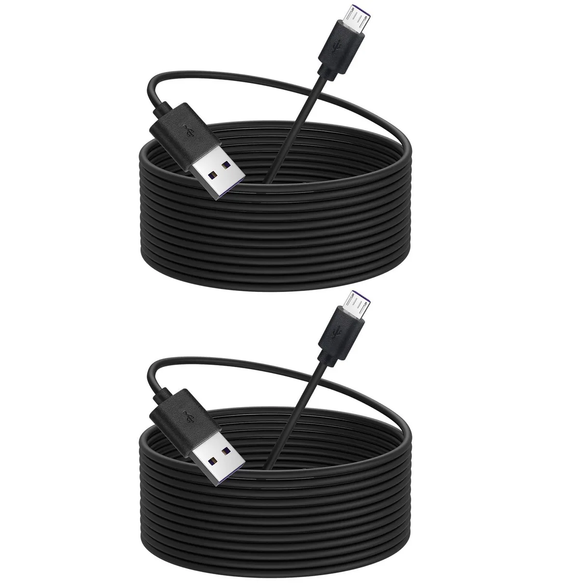 Two black Micro USB cables coiled together, each sixteen feet long