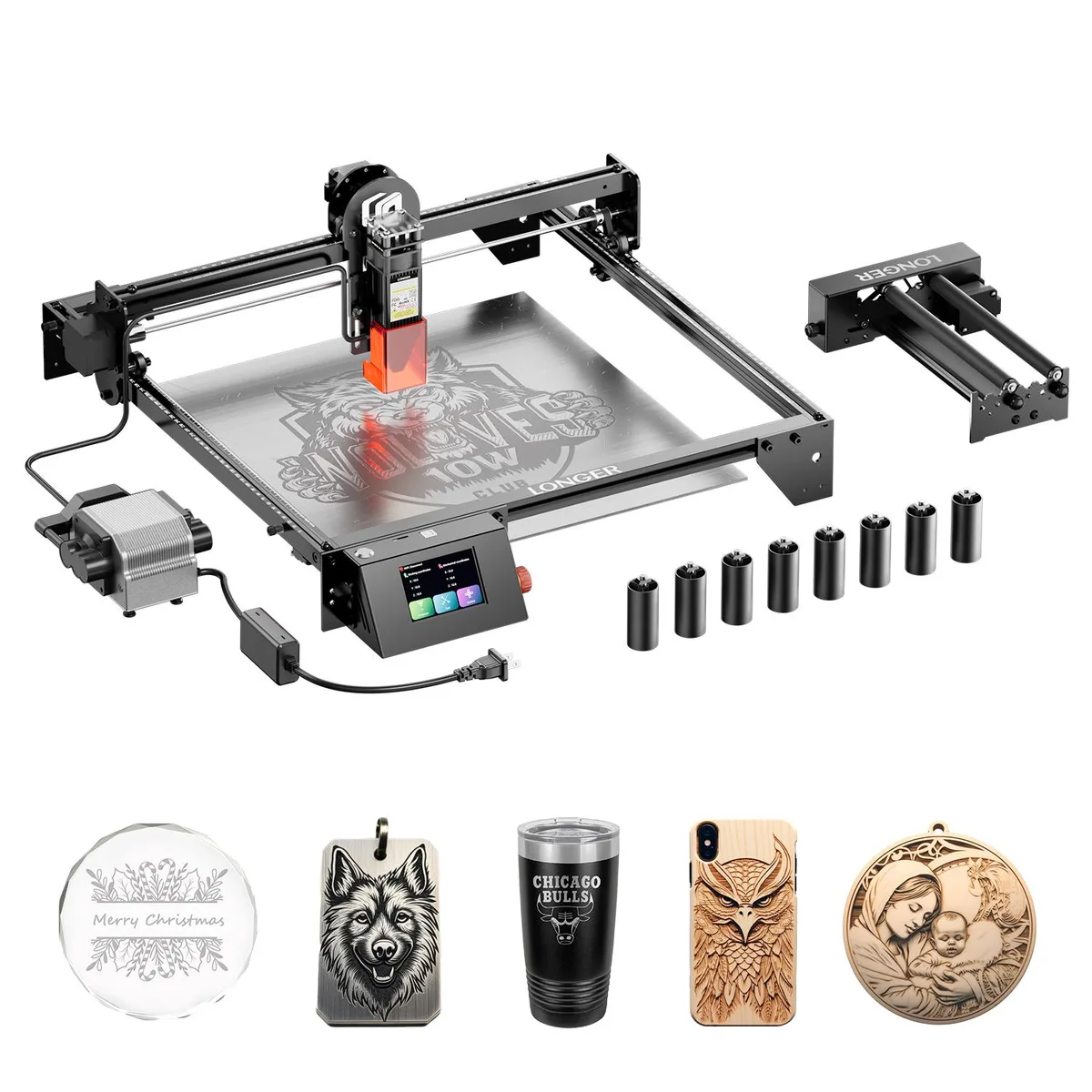 LONGER LONGER RAY5 10W Laser Engraver with Air Assist Kit Rotary Roller 8 Pcs Raiser — product photo