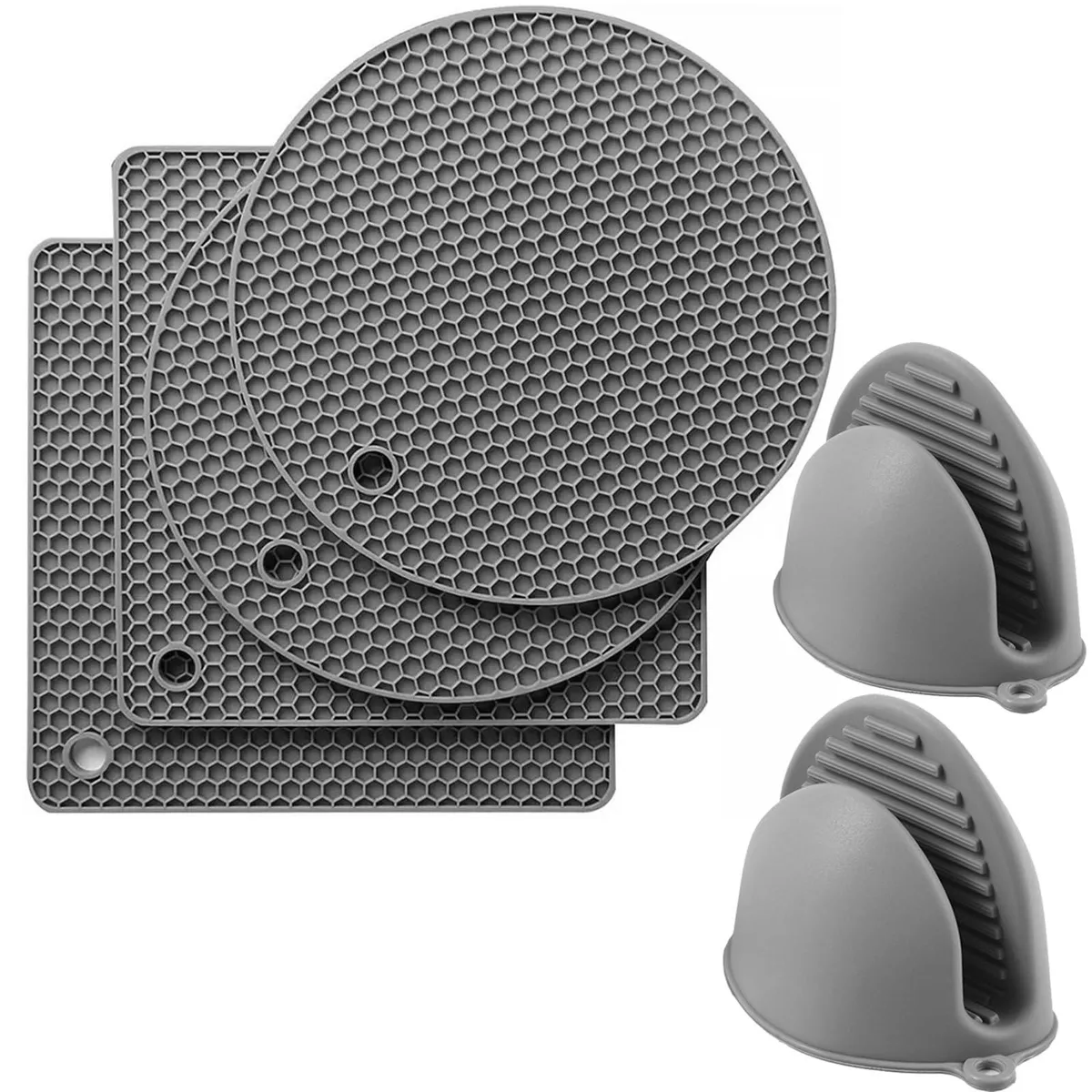 Grey silicone oven mitts, pot holders and trivets with honeycomb texture
