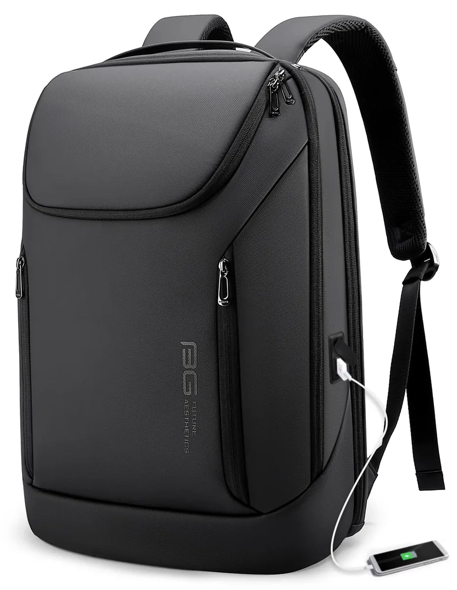 Black rectangular backpack with front zip pocket and padded shoulder straps