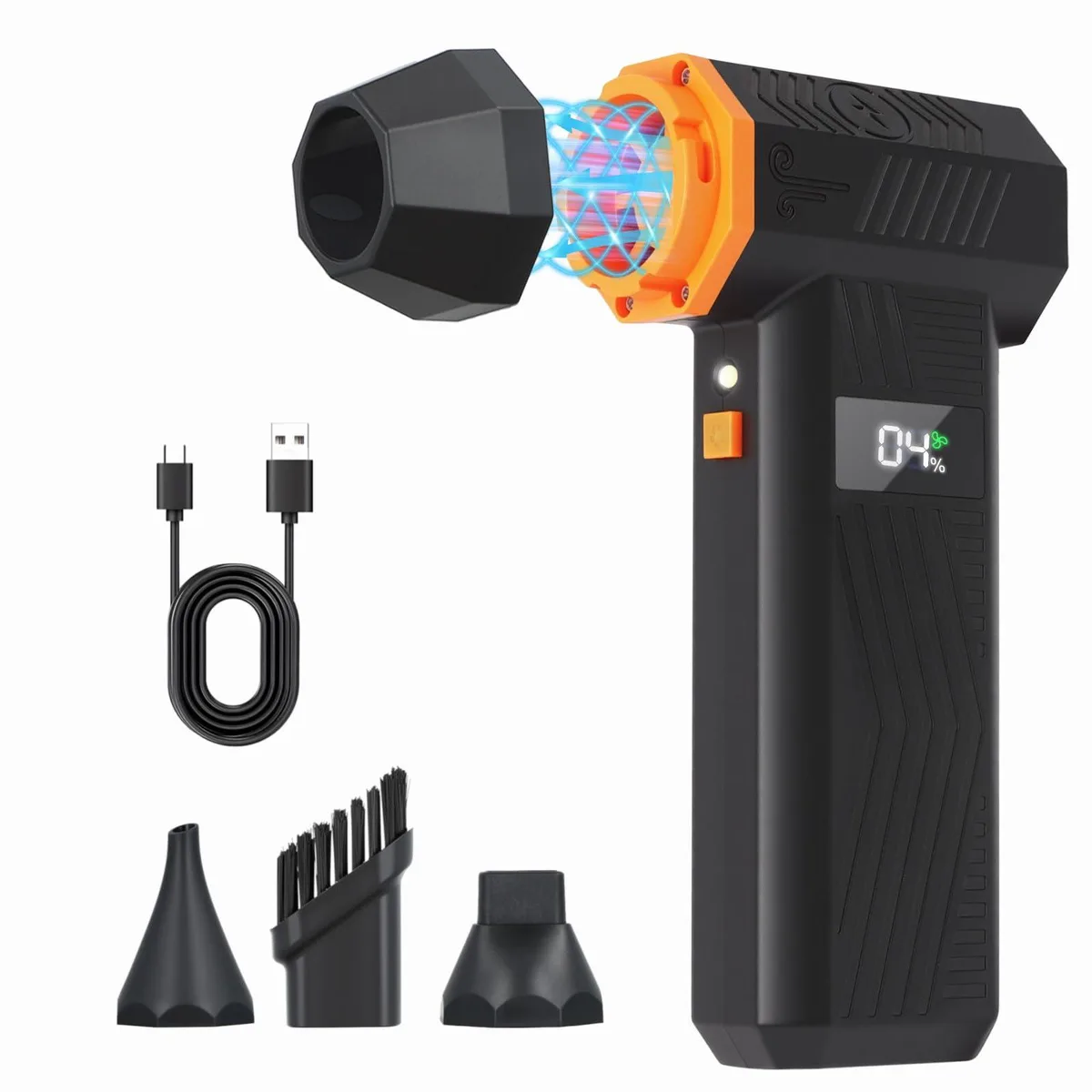 Black handheld electric air duster with LED display and four nozzles