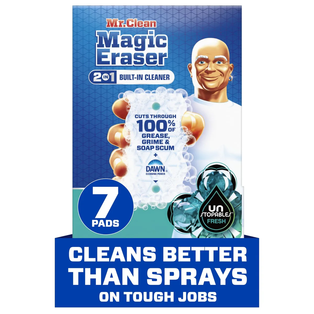 Seven white rectangular foam sponges in a clear bottle with blue and green labels