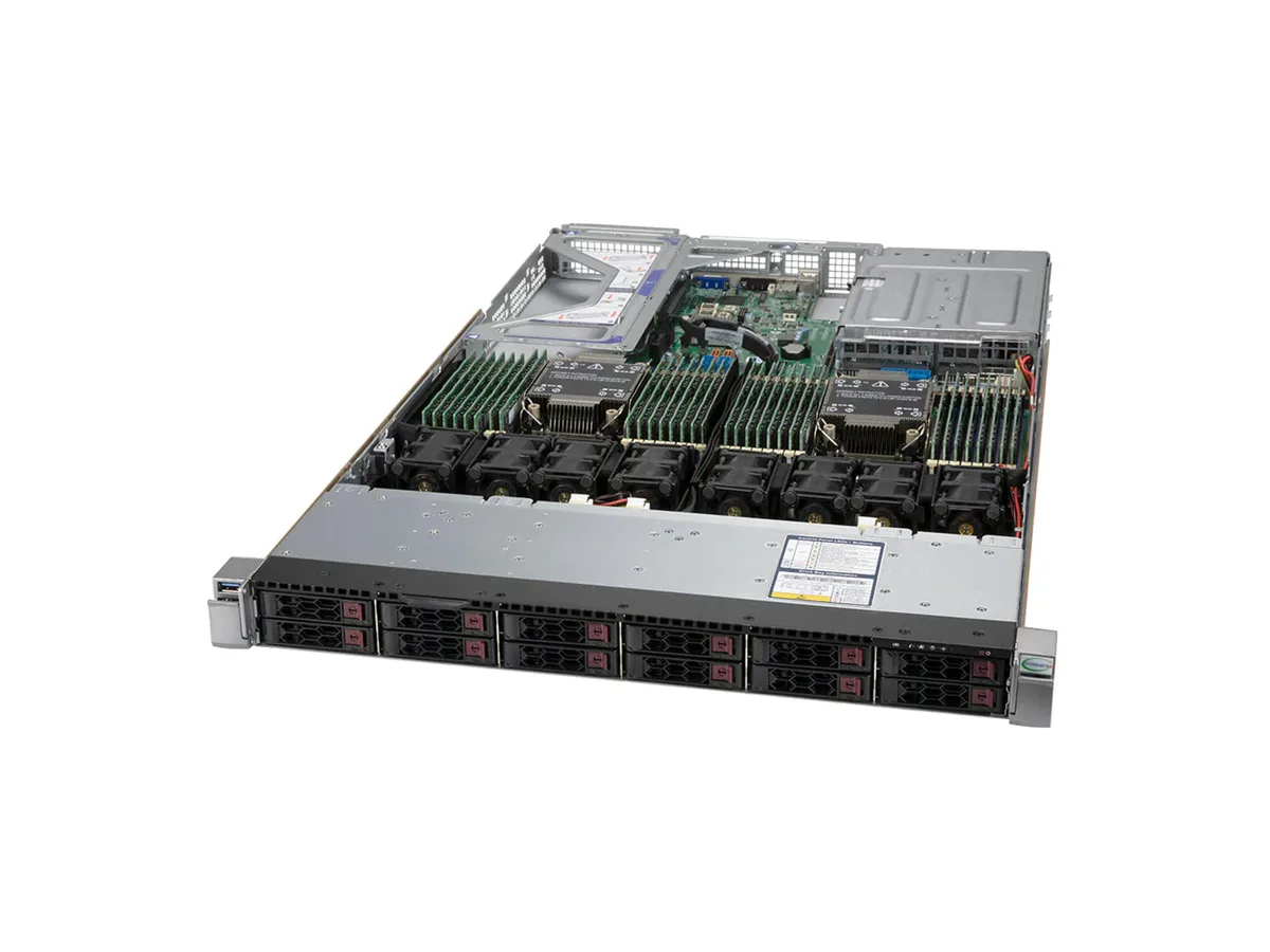 Supermicro Supermicro SYS-120U-TNR 1U barebone server 12×2.5″ bays 32 DDR4 slots — product photo