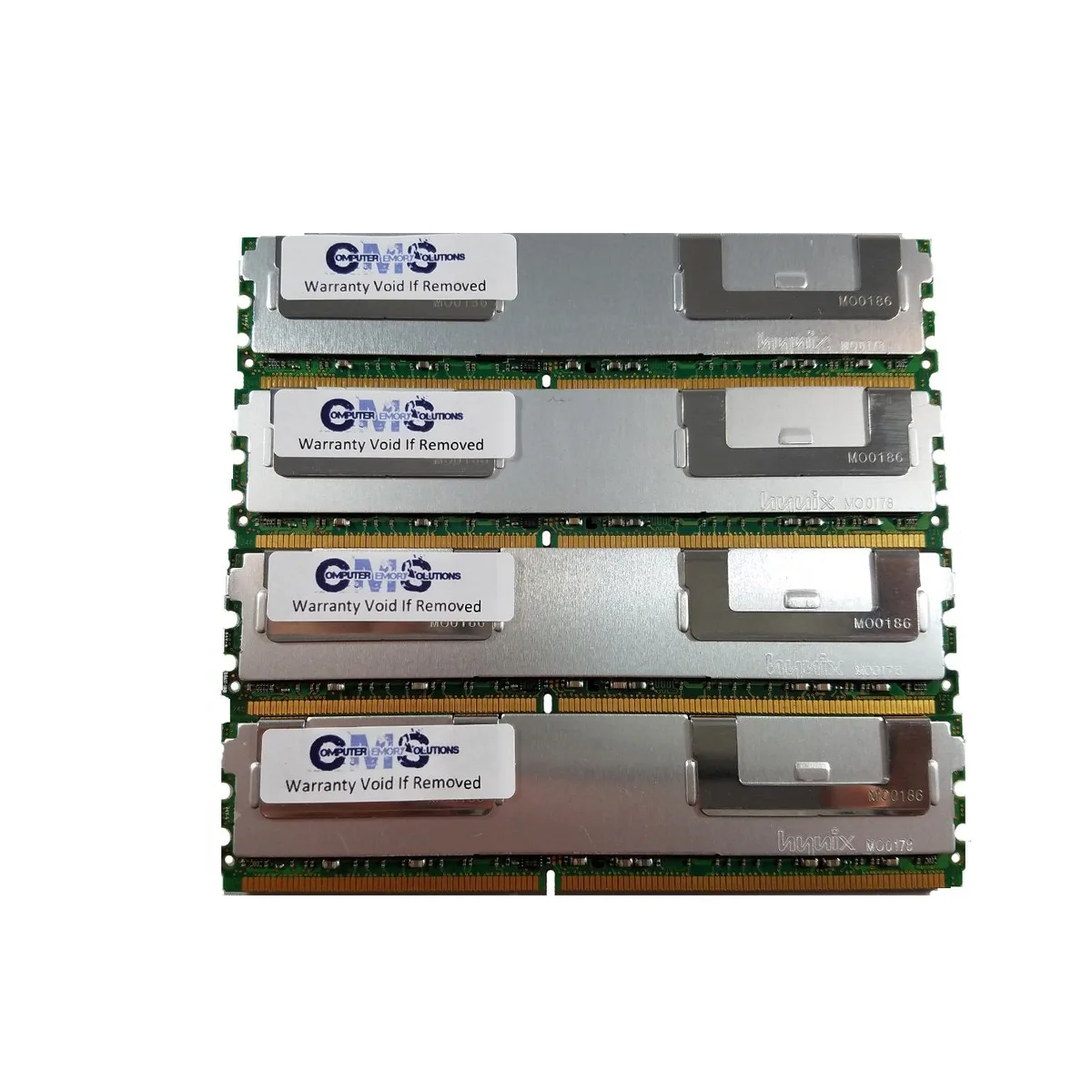 Four green DDR2 FB-DIMM sticks with gold contacts