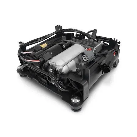 Unity air suspension compressor, silver metal cylinder with mounting brackets and electrical connector