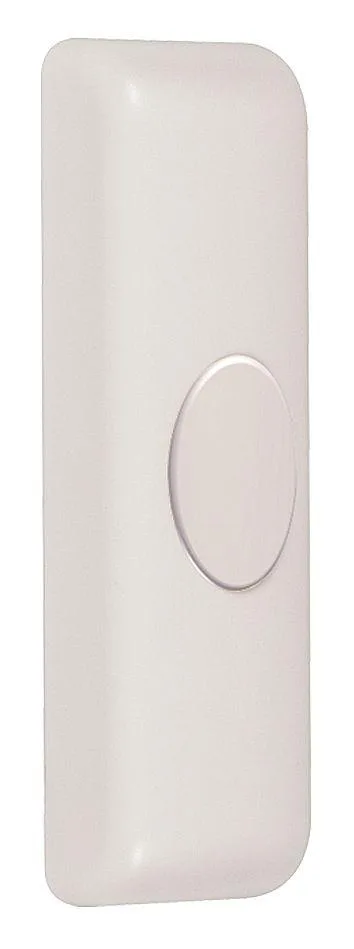 White rectangular wireless doorbell button sensor with a large central press area, mounted on a wall bracket
