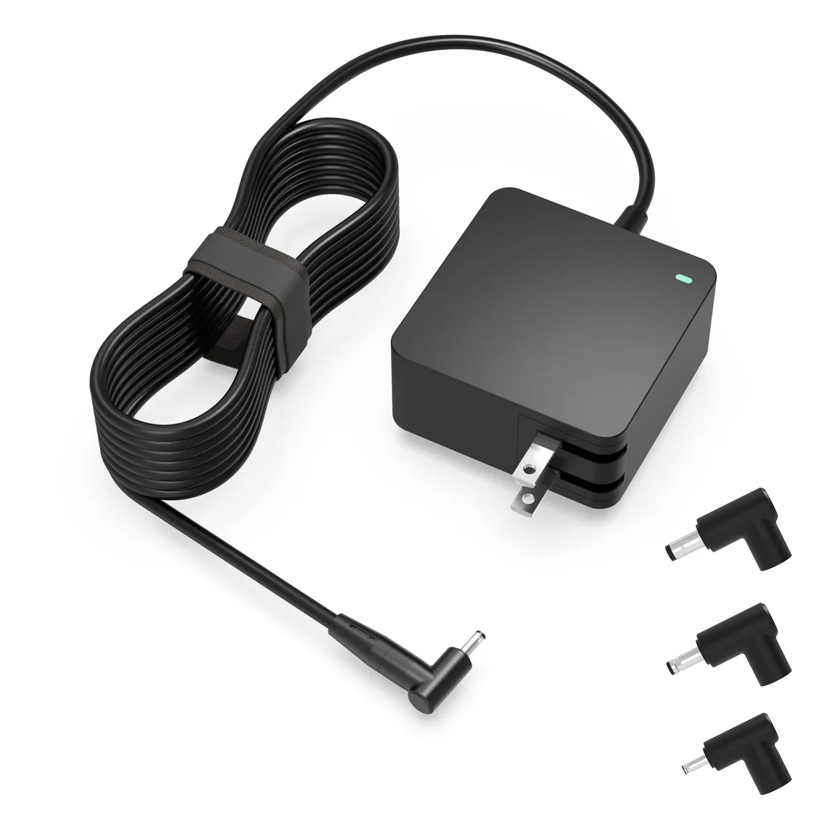 Black rectangular AC adapter with foldable US plug, detachable round connector and indicator light