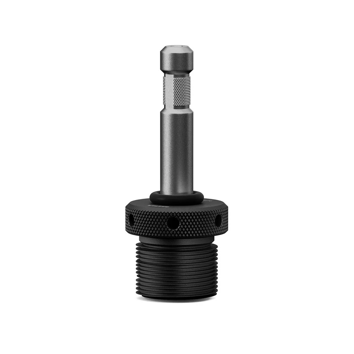 Black metal baby pin adapter, compact cylinder with threaded base and 5/8 inch top pin