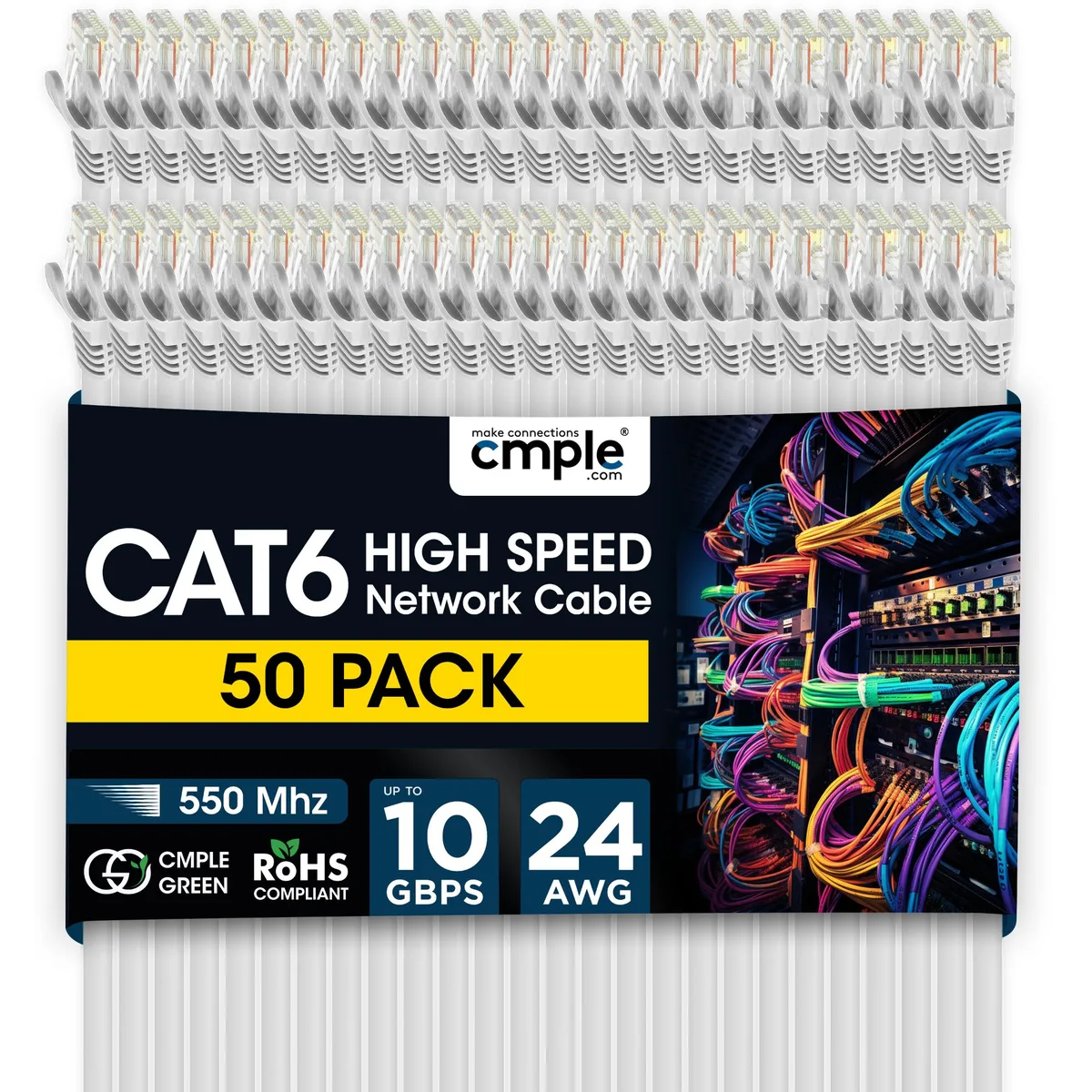 CMPLE CMPLE Cat6 Ethernet Cable 1.5 ft 550MHz 10Gbps White 50 Pack — product photo