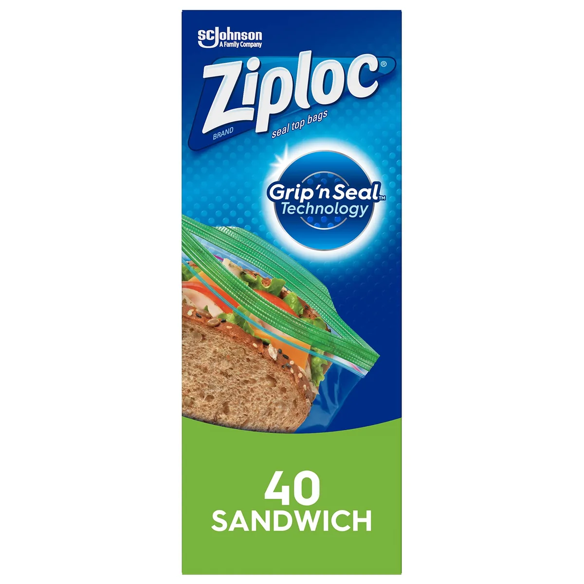 Box of 40 green Ziploc sandwich bags with Grip 'n Seal tabs