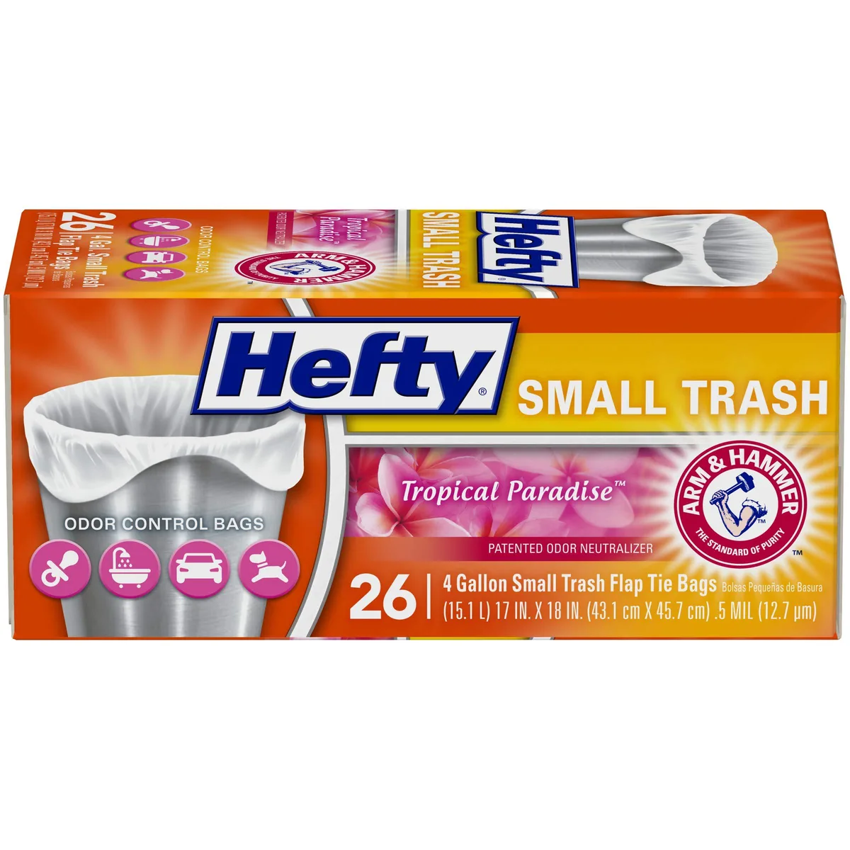 Hefty Small Garbage Bags, Flap Tie, Tropical Paradise Scent, 4 Gallon, 26 Count — product photo