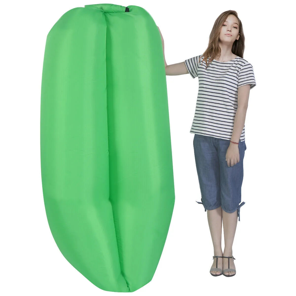 Green inflatable sleeping bed, rolled and sealed, lightweight polyester fabric