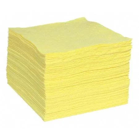 Stack of yellow rectangular polypropylene sorbent pads 15 x 19 in perforated 7 1/2 x 19 in