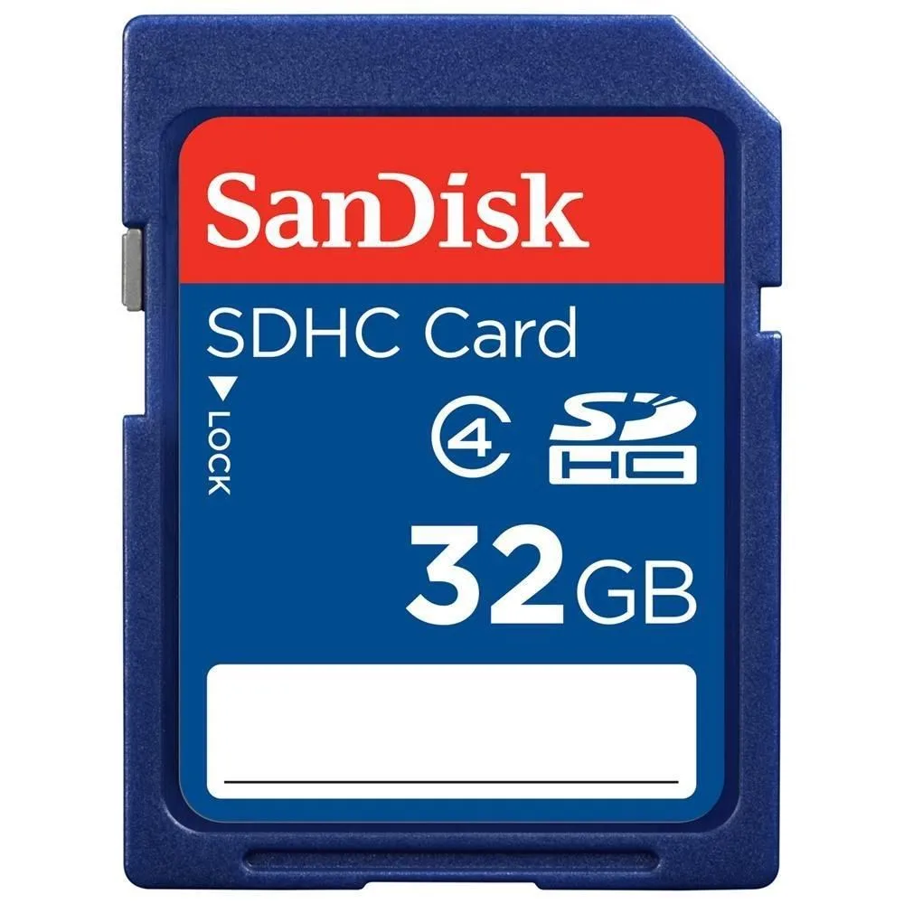Small rectangular SDHC card with SanDisk label, 32GB capacity