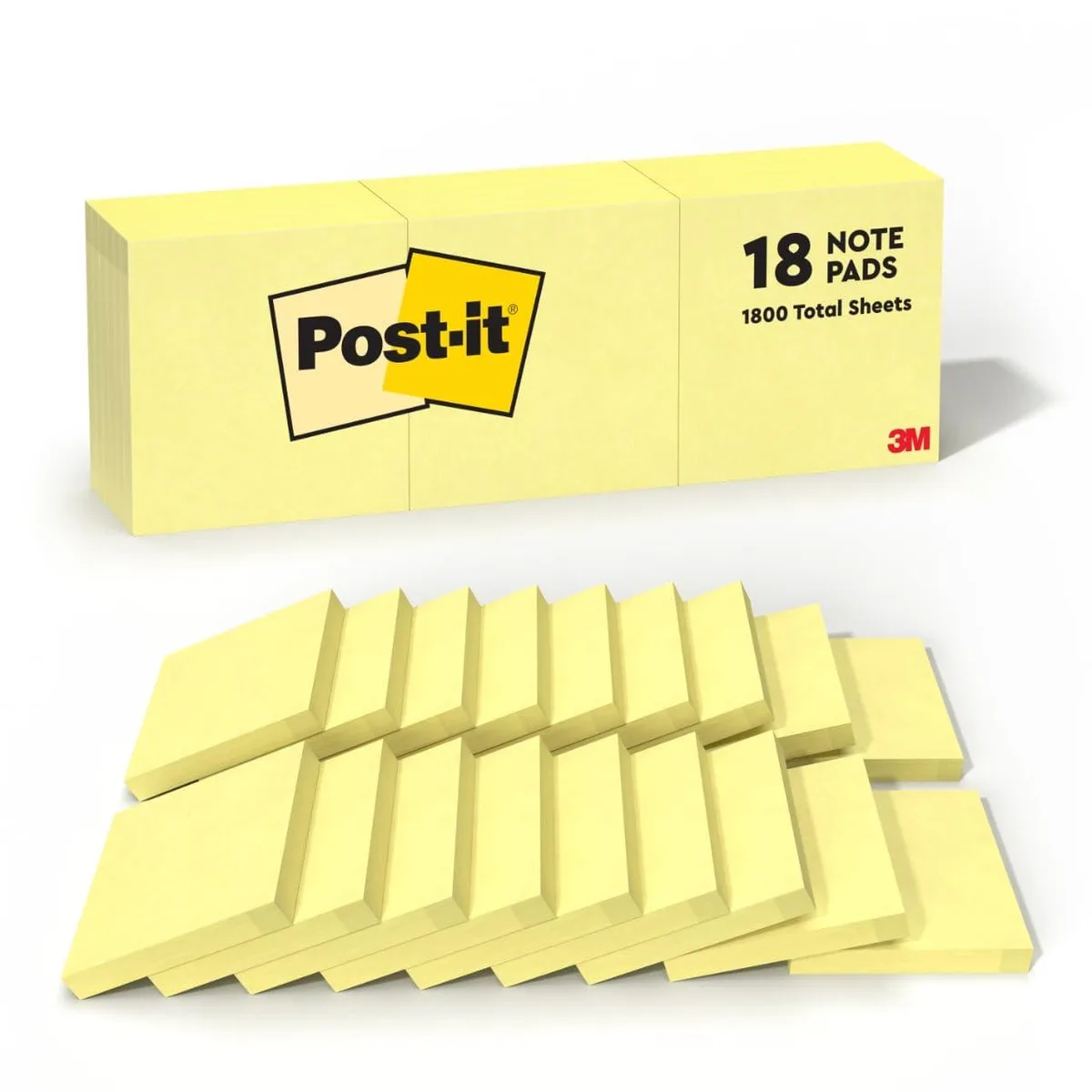 Eighteen square pads of Canary Yellow sticky notes in a rectangular pack