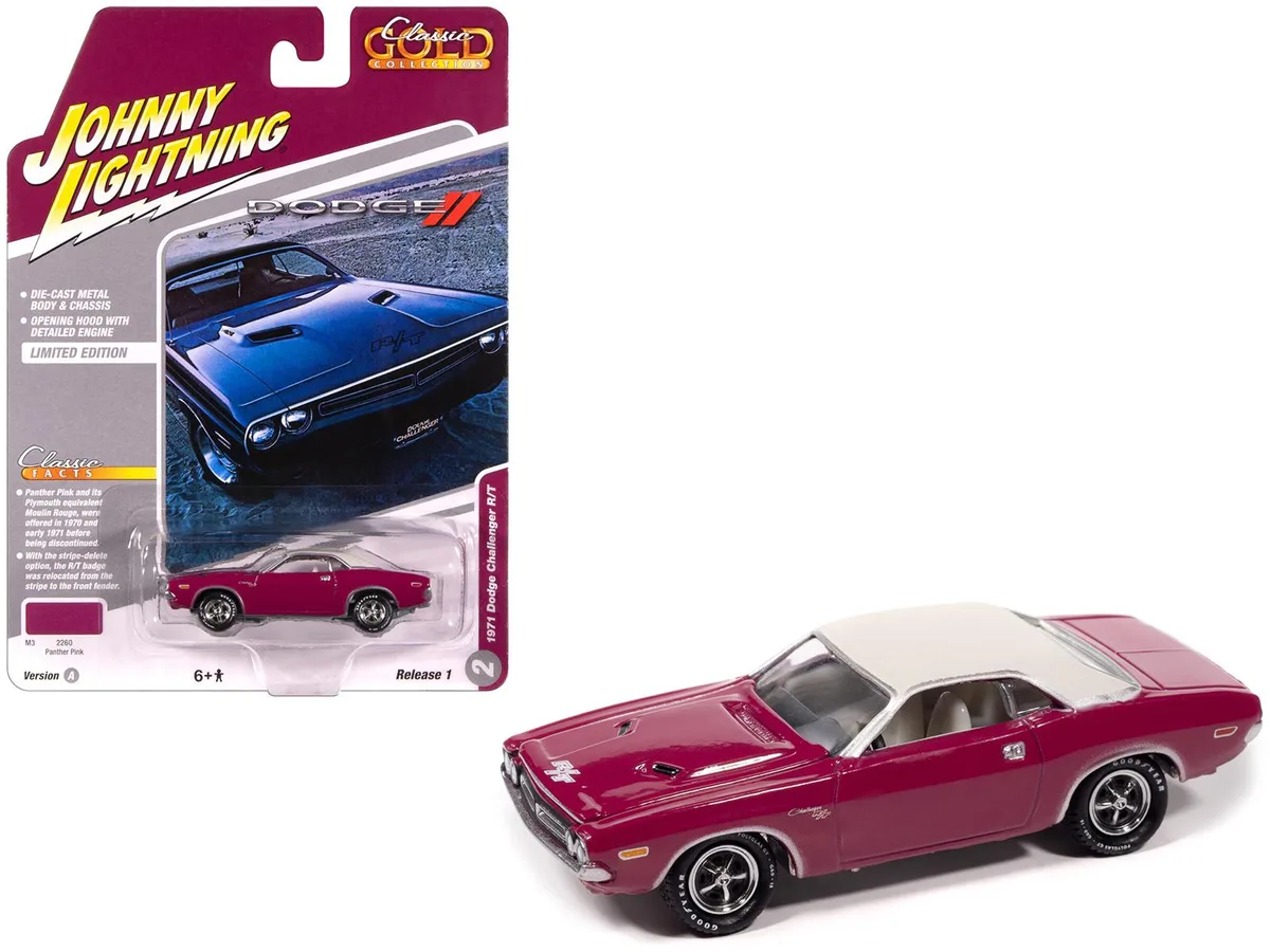 JOHNNY LIGHTNING JOHNNY LIGHTNING 1971 Dodge Challenger R/T Panther Pink White Top 1/64 Diecast hobby collectible — product photo